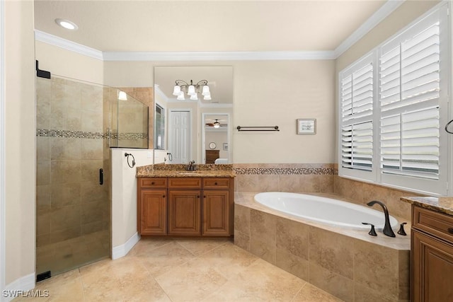 bathroom featuring shower with separate bathtub, ornamental molding, vanity, ceiling fan, and tile patterned flooring