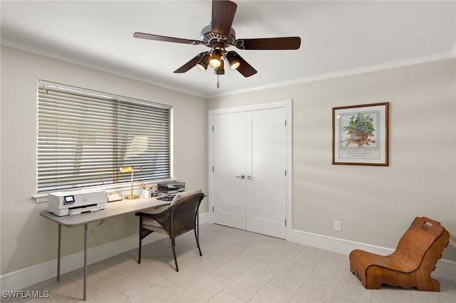 2347 Club House Rd, North Fort Myers, FL 33917 - office area featuring ceiling fan, baseboards, and ornamental molding