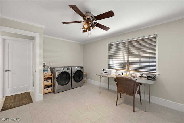 2347 Club House Rd, North Fort Myers, FL 33917 - laundry room featuring laundry area, a ceiling fan, crown molding, washing machine and clothes dryer, and baseboards