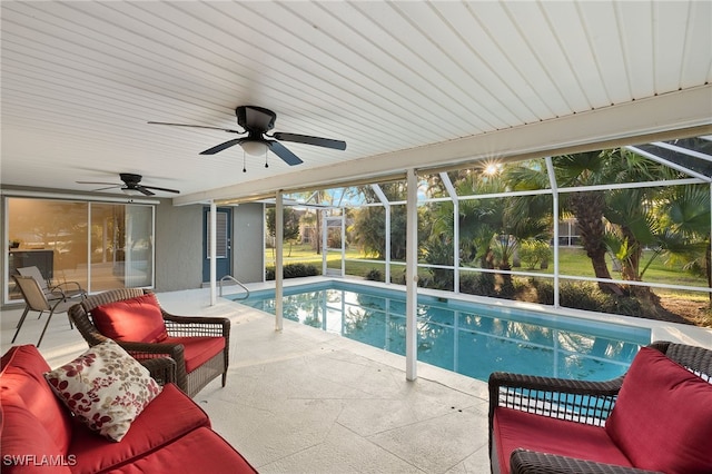 2347 Club House Rd, North Fort Myers, FL 33917 - pool featuring a lanai, a patio, ceiling fan, and an outdoor living space