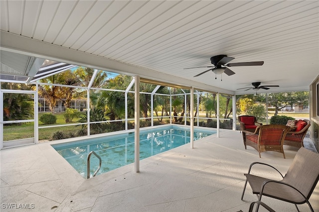 2347 Club House Rd, North Fort Myers, FL 33917 - outdoor pool featuring a patio area, a ceiling fan, and glass enclosure