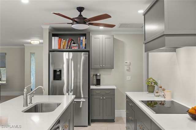 2347 Club House Rd, North Fort Myers, FL 33917 - kitchen featuring black electric cooktop, stainless steel fridge with ice dispenser, visible vents, a sink, and ceiling fan