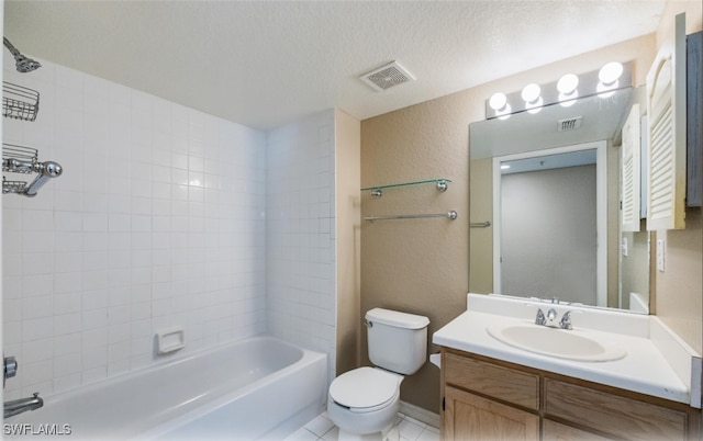 full bath with visible vents, toilet, shower / tub combination, a textured ceiling, and vanity