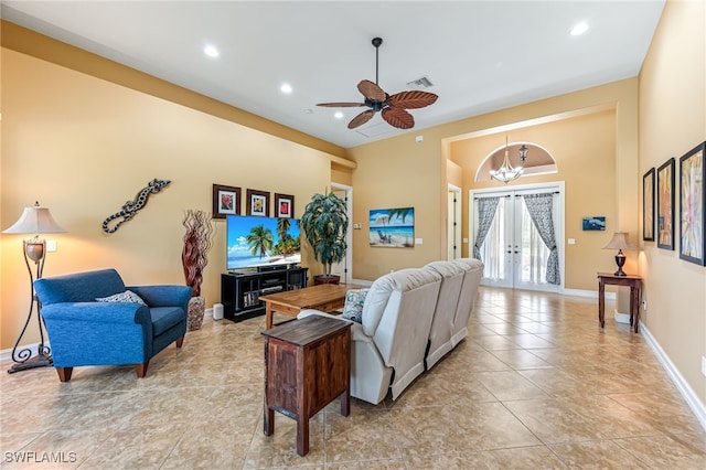 living room with french doors, recessed lighting, visible vents, light tile patterned flooring, and baseboards