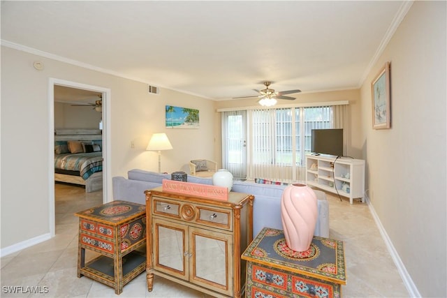 living area with light tile patterned floors, ornamental molding, visible vents, and baseboards