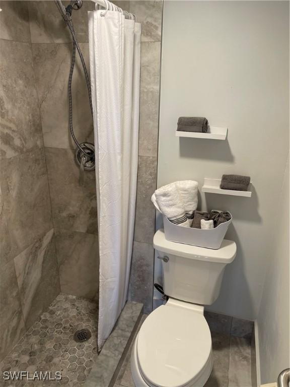 full bathroom with toilet and a stall shower