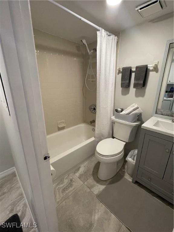 full bathroom with visible vents, shower / bathtub combination with curtain, toilet, and vanity