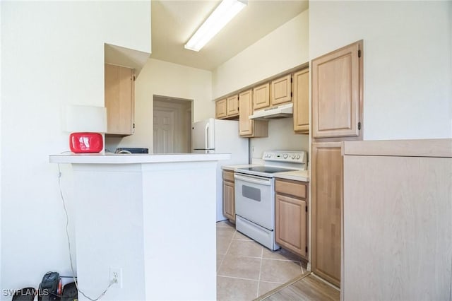 kitchen featuring white appliances, kitchen peninsula, light tile patterned floors, and light brown cabinets