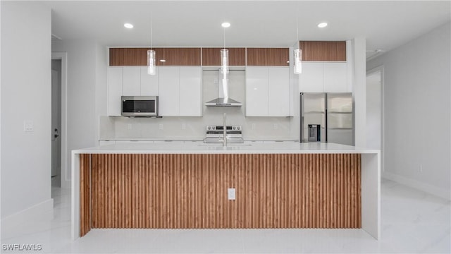 1420 Poinsettia Ave, Lehigh Acres, FL 33972 - kitchen featuring light countertops, wall chimney exhaust hood, white cabinetry, a large island with sink, and stainless steel appliances
