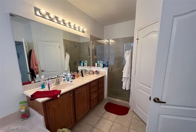 full bathroom with a stall shower, tile patterned flooring, and vanity