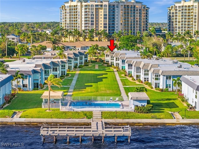 drone / aerial view featuring a water view