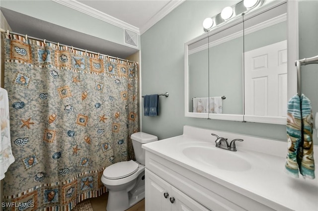 bathroom featuring vanity, curtained shower, ornamental molding, and toilet