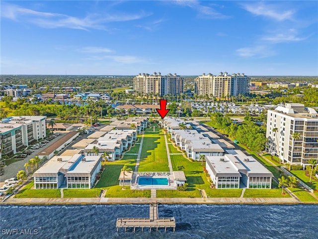 drone / aerial view with a water view