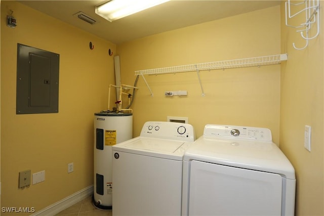 laundry room featuring laundry area, electric panel, visible vents, washing machine and clothes dryer, and electric water heater