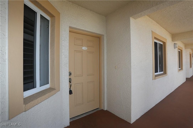 view of exterior entry featuring stucco siding