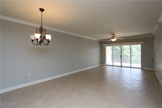 unfurnished room with light tile patterned floors, baseboards, ornamental molding, and ceiling fan with notable chandelier