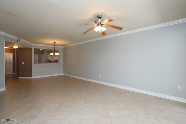 spare room featuring light tile patterned floors, visible vents, ornamental molding, baseboards, and ceiling fan with notable chandelier