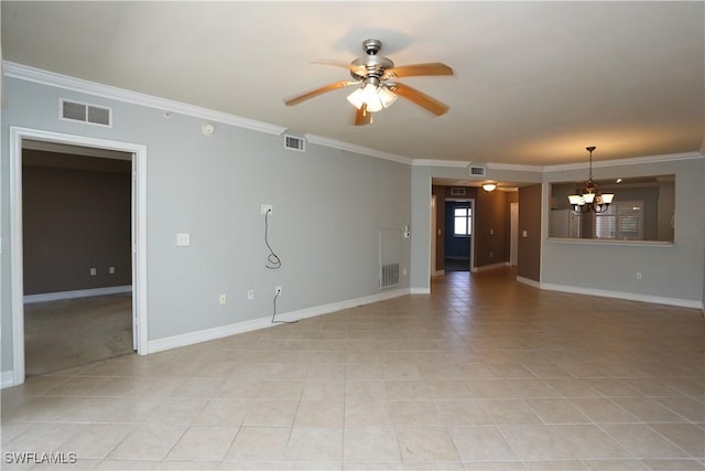 unfurnished living room featuring baseboards, ceiling fan with notable chandelier, visible vents, and crown molding