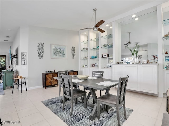 dining area with ceiling fan, built in shelves, light tile patterned flooring, recessed lighting, and baseboards