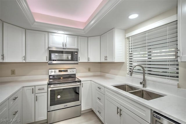 kitchen with sink, crown molding, appliances with stainless steel finishes, white cabinetry, and a tray ceiling