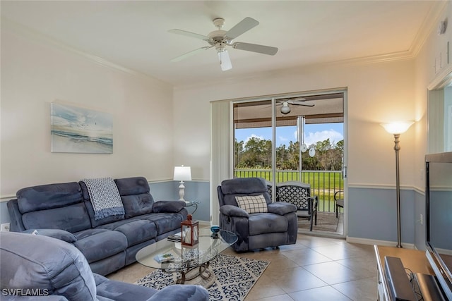 tiled living room featuring ceiling fan and ornamental molding