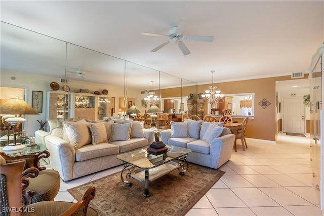 725 Saratoga Cir Unit A103, Naples, FL 34104 - living area featuring light tile patterned floors, crown molding, visible vents, baseboards, and ceiling fan with notable chandelier