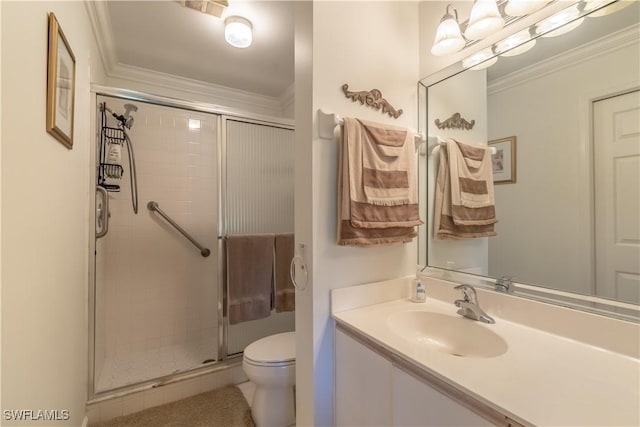 725 Saratoga Cir Unit A103, Naples, FL 34104 - full bath featuring a stall shower, toilet, crown molding, and vanity