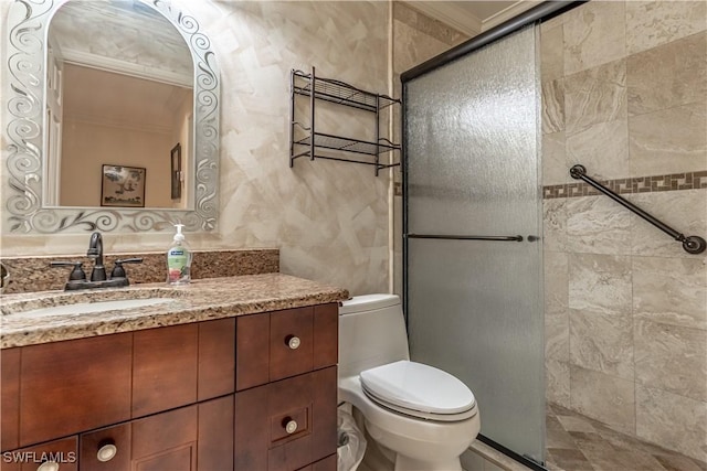 725 Saratoga Cir Unit A103, Naples, FL 34104 - full bath with toilet, a stall shower, ornamental molding, and vanity