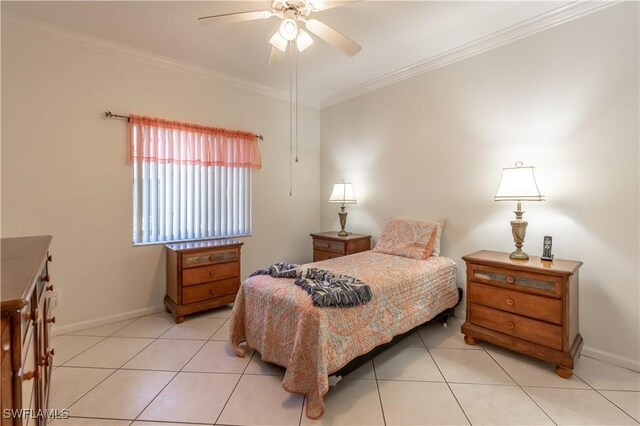 725 Saratoga Cir Unit A103, Naples, FL 34104 - bedroom featuring light tile patterned floors, ceiling fan, ornamental molding, and baseboards