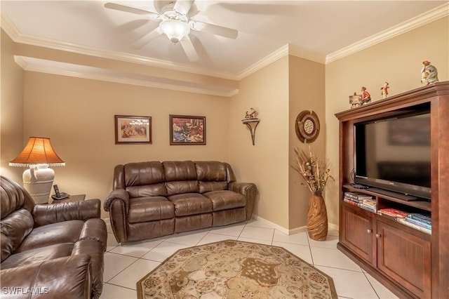 725 Saratoga Cir Unit A103, Naples, FL 34104 - living room with ornamental molding, ceiling fan, light tile patterned floors, and baseboards