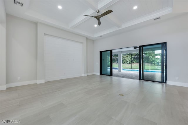 unfurnished room with baseboards, visible vents, recessed lighting, and beamed ceiling