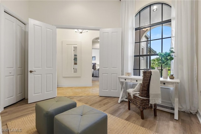 living area featuring light hardwood / wood-style floors and a high ceiling