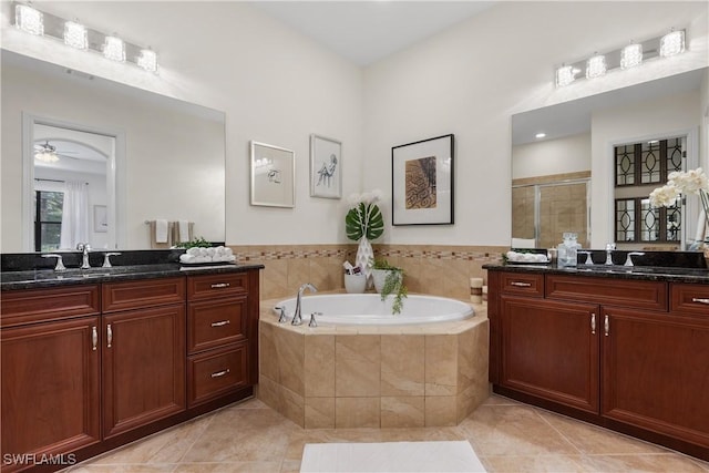 bathroom featuring vanity, ceiling fan, tile patterned floors, and separate shower and tub