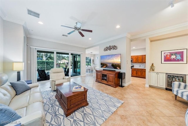 tiled living room featuring crown molding, beverage cooler, and ceiling fan