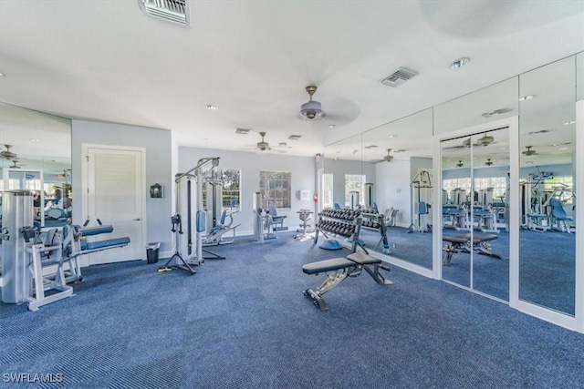 gym featuring ceiling fan