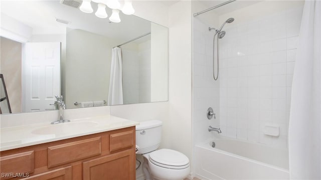 full bath with shower / bath combination with curtain, visible vents, vanity, and toilet