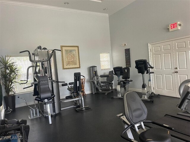 15495 Bellamar Cir Unit 2222, Fort Myers, FL 33908 - workout area with baseboards, a high ceiling, and crown molding