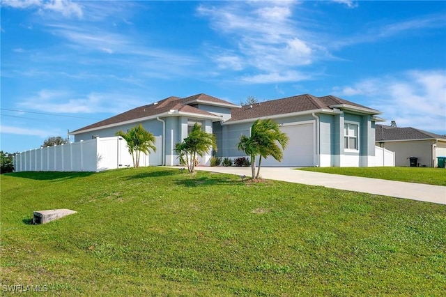 single story home featuring a garage and a front yard