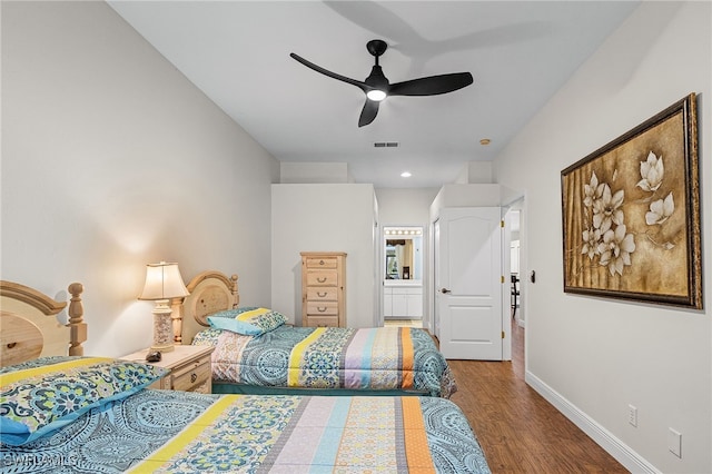 bedroom featuring ceiling fan, wood-type flooring, and ensuite bathroom