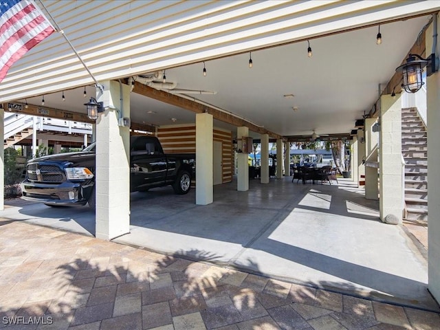 garage with ceiling fan