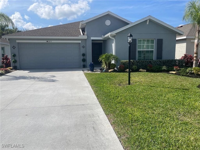 ranch-style home with a front lawn and a garage