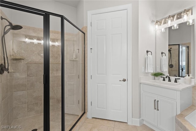 bathroom with tile patterned floors, vanity, and a shower with door