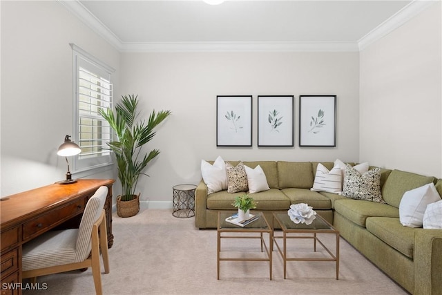 carpeted living room with crown molding