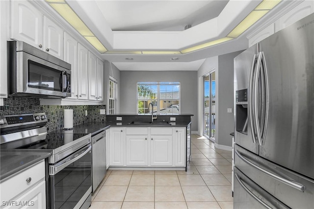 kitchen featuring a raised ceiling, stainless steel appliances, a peninsula, and a sink