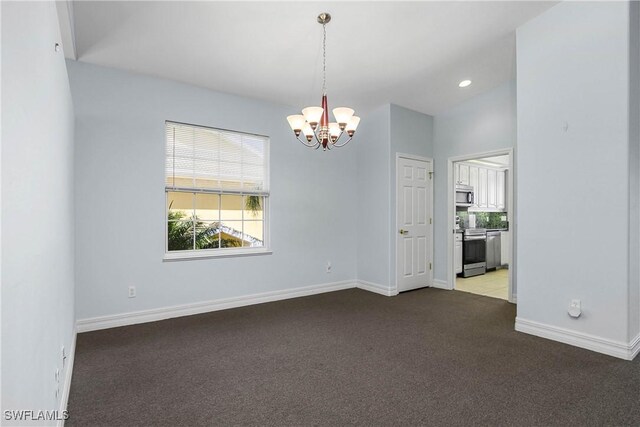 unfurnished room with recessed lighting, light carpet, a notable chandelier, and baseboards