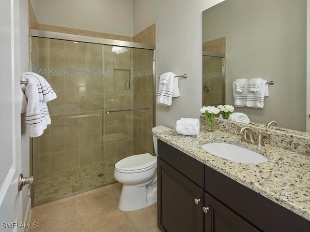 bathroom with vanity, an enclosed shower, tile patterned floors, and toilet