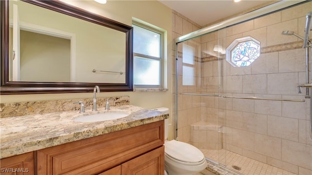 bathroom with vanity, toilet, and a shower stall