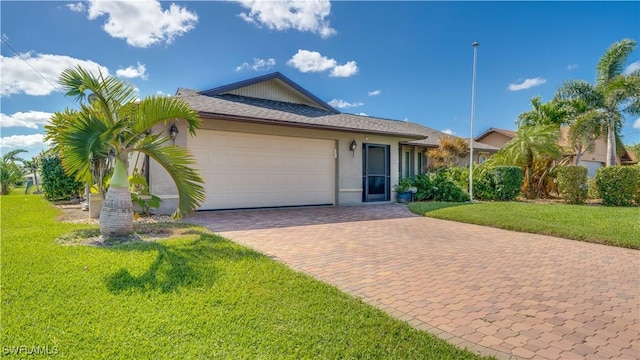 ranch-style home with a garage and a front yard