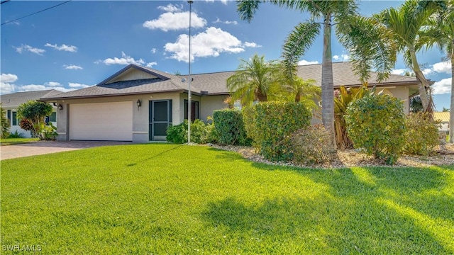 ranch-style house with a front yard and a garage