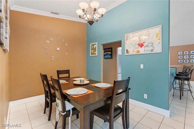 dining area with a chandelier, light tile patterned flooring, visible vents, baseboards, and ornamental molding